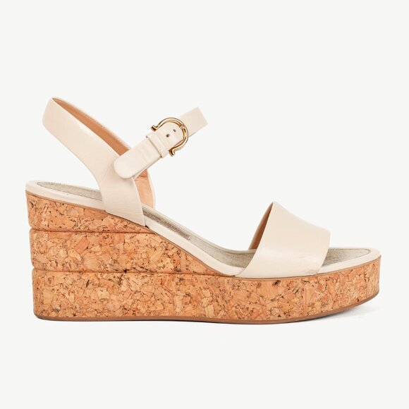 Salvatore Ferragamo Shoes - Salvatore Ferragamo Madea Cream Leather & Cork Wedge Sandals
